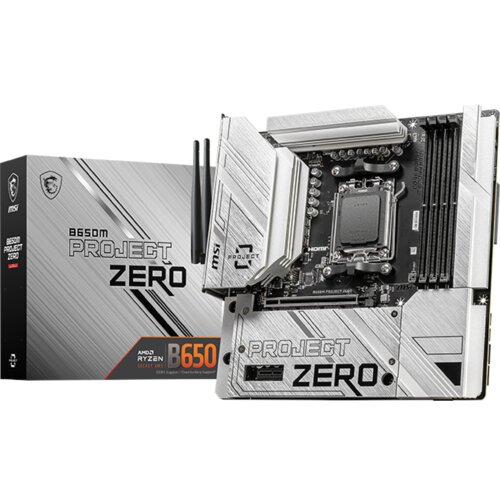 Płyta główna z napisem "PROJECT ZERO" i logo MSI, obok pudełko z oznaczeniami "B650M PROJECT ZERO" oraz "AMD RYZEN B650". Na płycie widoczne są złącza i komponenty elektroniczne.
