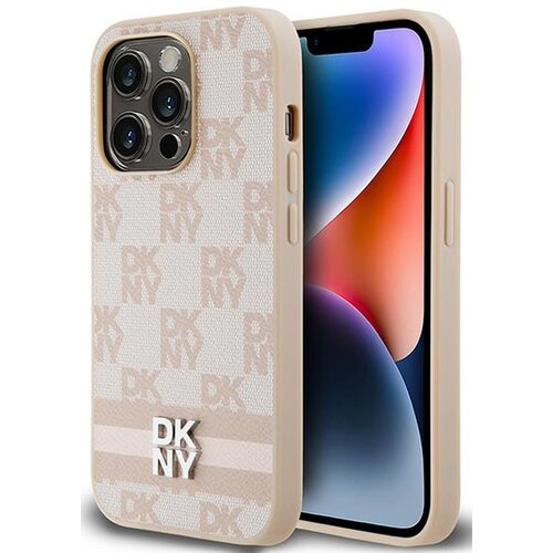 Etui DKNY Leather Checkered Mono Pattern & Printed Stripes do Apple iPhone 14 Pro Różowy