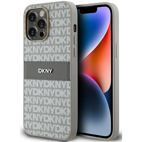 Etui DKNY Leather Mono Stripe & Metal Logo do Apple iPhone 14 Pro Beżowy