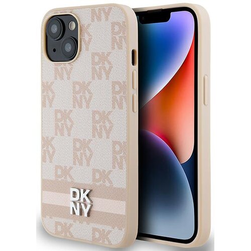 Etui DKNY Leather Checkered Mono Pattern & Printed Stripes do Apple iPhone 13/14/15 Różowy