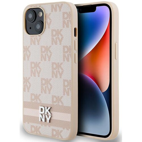 Etui DKNY Leather Checkered Mono Pattern & Printed Stripes do Apple iPhone 14 Plus/15 Plus Różowy