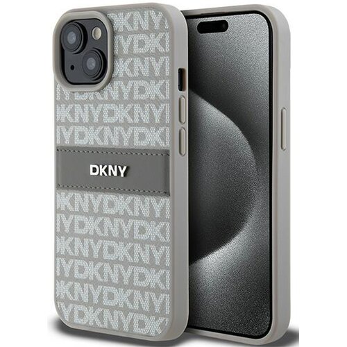 Etui DKNY Leather Mono Stripe & Metal Logo do Apple iPhone 14 Plus/15 Plus Beżowy