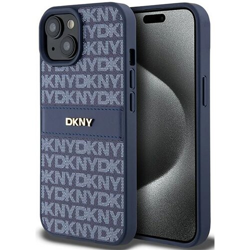 Etui na telefon w kolorze niebieskim z wzorem w białe litery "DKNY" na całej powierzchni. Na środku znajduje się metalowe logo "DKNY".