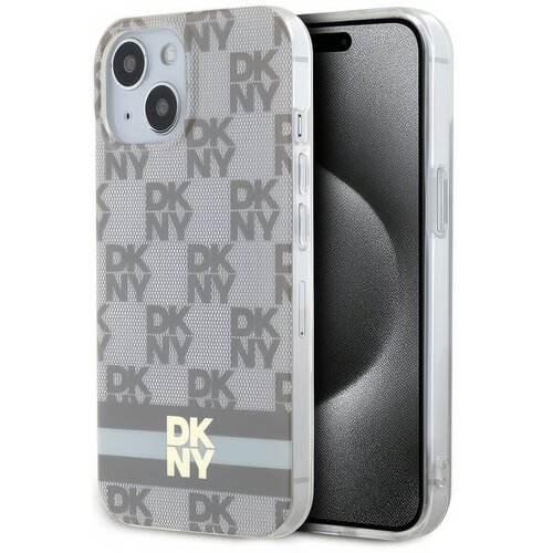 Etui DKNY IML Checkered Mono Pattern & Painted Stripes MagSafe do Apple iPhone 13/14/15 Beżowy
