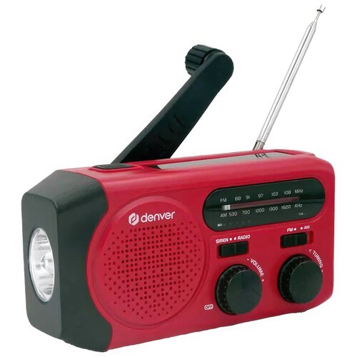 Czerwone radio z widocznym logo "denver" na głośniku, posiadające panel z częstotliwościami FM i AM oraz dwa pokrętła oznaczone jako "VOLUME" i "TUNING". Na obudowie znajduje się również przycisk "SIREN/RADIO" oraz wbudowana latarka.