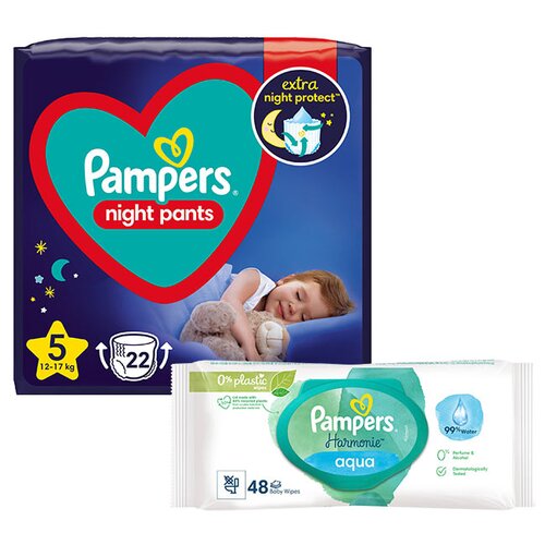 Pieluchomajtki PAMPERS Night Pants 5 (22 szt.) + Chusteczki nawilżane PAMPERS Harmonie Aqua (48 szt.)