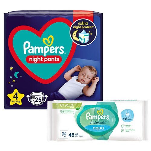 Pieluchomajtki PAMPERS Night Pants 4 (25 szt.) + Chusteczki nawilżane PAMPERS Harmonie Aqua (48 szt.)