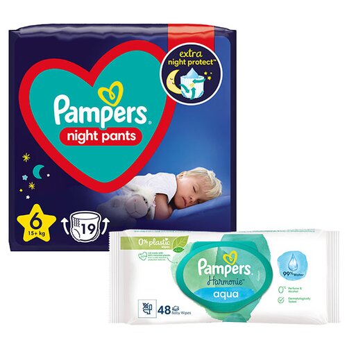 Pieluchomajtki PAMPERS Night Pants 6 (19 szt.) + Chusteczki nawilżane PAMPERS Harmonie Aqua (48 szt.)