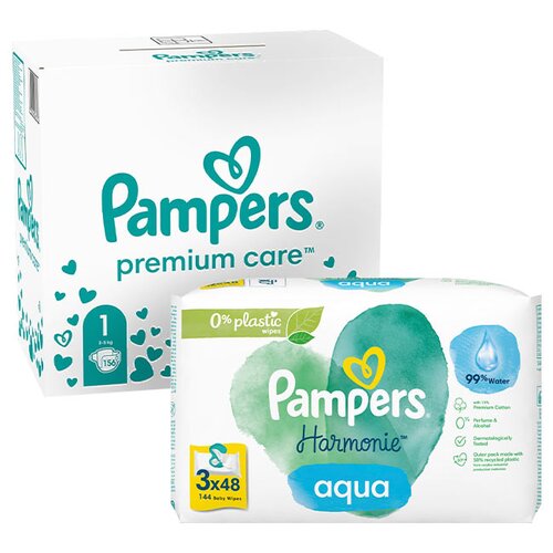 Pieluchy PAMPERS Premium Care 1 (156 szt.) + Chusteczki nawilżane PAMPERS Harmonie Aqua (144 szt.)