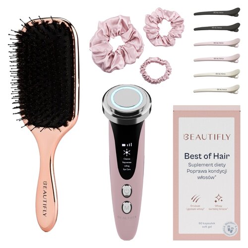 Zestaw BEAUTIFLY (Urządzenie do mezoterapii bezigłowej B-Gloosy Blush + Suplement diety Best of hair + Zestaw gumek do włosów + Szczotka do włosów Różowe złoto + Zestaw spinek do włosów)