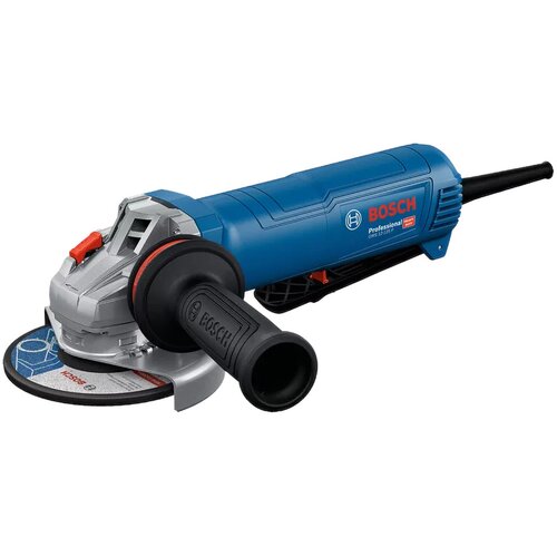 Na zdjęciu znajduje się niebieska szlifierka kątowa z czarnym uchwytem, na której widnieje napis "BOSCH Professional GWS 12-125 P". Tarcza szlifierska ma widoczny napis "bosch" oraz logo producenta.