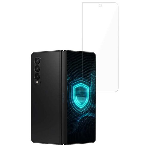 Na zdjęciu znajduje się czarny, składany smartfon z widocznym ekranem, na którym wyświetlany jest niebieski wzór przypominający tarczę. Obok telefonu umieszczona jest przezroczysta folia ochronna.
