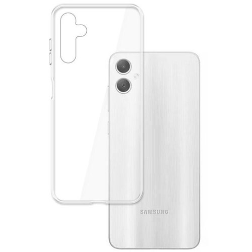 Przezroczyste etui 3MK Armor Case do Samsung Galaxy A05 jest pokazane obok telefonu, na którym widoczne są dwa aparaty i logo "Samsung". Etui ma wycięcia na aparaty i przyciski boczne.