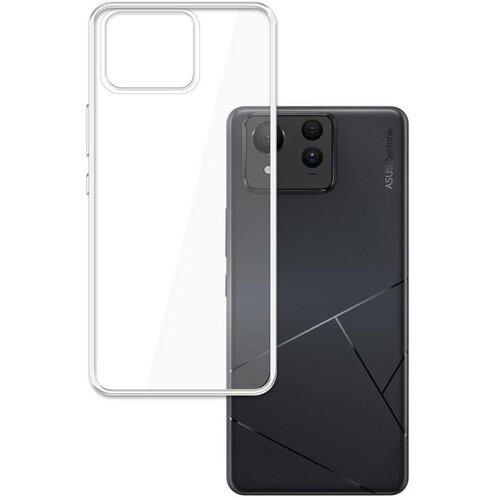 Przezroczyste etui 3MK Clear Case jest pokazane obok smartfona Asus Zenfone 11 Ultra, który ma ciemną obudowę z geometrycznym wzorem i widocznym napisem "ASUS Zenfone". Etui jest przezroczyste, z wycięciem na aparat, a na telefonie widoczne są trzy obiekt