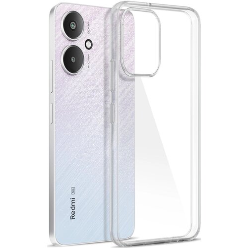 Przezroczyste etui 3MK Clear Case do telefonu Xiaomi Redmi 13C 5G jest pokazane obok telefonu z gradientowym tyłem, na którym widoczne są dwa obiektywy aparatu oraz napisy "AI CAM" i "50MP". Na dole telefonu znajduje się logo "Redmi" oraz oznaczenie "5G".