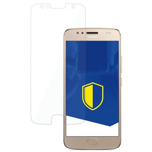 Na zdjęciu znajduje się przezroczyste szkło ochronne nałożone na złoty smartfon z wyświetlaczem, na którym widoczna jest niebieska tarcza z żółtym obramowaniem. W tle ekranu widoczny jest niebieski kolor z elementami graficznymi.