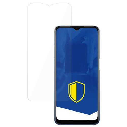 Przezroczyste szkło ochronne jest umieszczone obok smartfona z niebieskim ekranem, na którym widoczna jest żółto-niebieska tarcza. Produkt to "Szkło hybrydowe 3MK FlexibleGlass Lite do Oppo A55 5G".