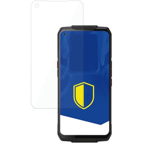 Na zdjęciu znajduje się telefon z nałożonym szkłem ochronnym, na ekranie widoczna jest niebiesko-żółta tarcza. Obok telefonu znajduje się przezroczyste szkło hybrydowe.