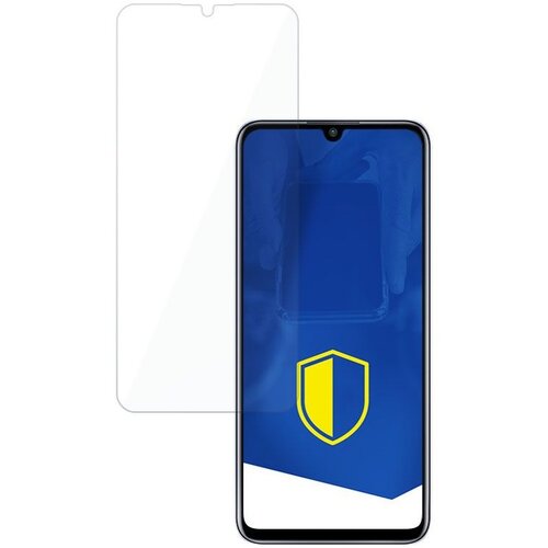 Przezroczyste szkło ochronne jest umieszczone obok smartfona, na którego ekranie widoczna jest niebieska grafika z żółtą tarczą. Produkt to "Szkło hybrydowe 3MK FlexibleGlass Lite do Huawei Nova 8 SE".
