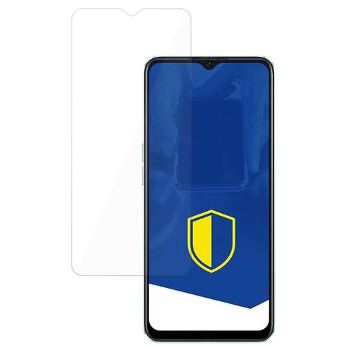 Przezroczyste szkło hybrydowe jest umieszczone obok smartfona z niebieskim ekranem, na którym widoczna jest żółta tarcza. Produkt to "Szkło hybrydowe 3MK FlexibleGlass Lite do Oppo A57 5G".
