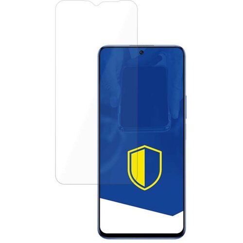 Na zdjęciu znajduje się przezroczyste szkło ochronne na ekran telefonu, obok którego widoczny jest telefon z niebieskim ekranem i żółto-niebieską tarczą. Produkt to "Szkło hybrydowe 3MK FlexibleGlass Lite do Honor X8".