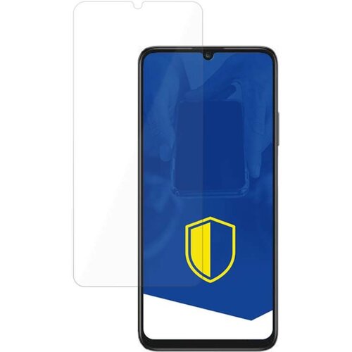 Na zdjęciu widoczny jest telefon z nałożonym szkłem ochronnym, obok którego znajduje się przezroczysta nakładka. Na ekranie telefonu widnieje niebieskie tło z żółto-niebieską tarczą.