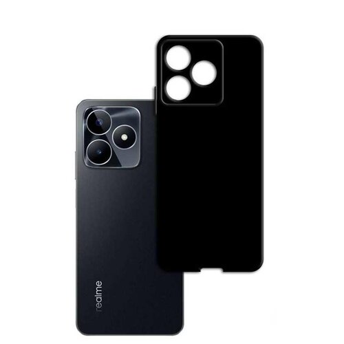 Na zdjęciu widoczne jest czarne etui z trzema okrągłymi wycięciami na aparat, obok którego znajduje się smartfon z trzema obiektywami aparatu i napisem "realme" na obudowie.