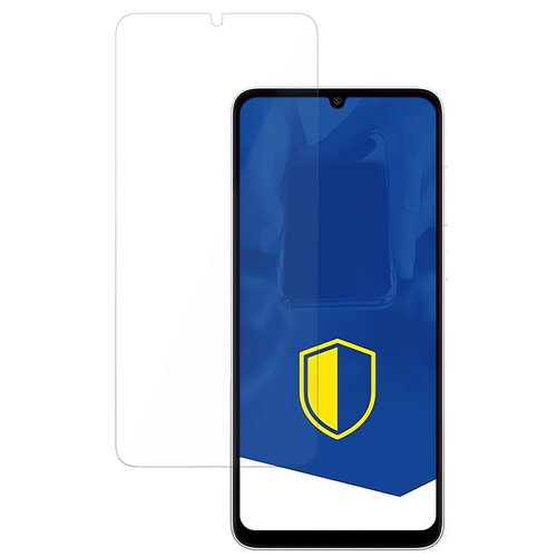 Przezroczyste szkło ochronne jest umieszczone obok smartfona z niebieskim ekranem, na którym widoczna jest żółta tarcza. Produkt to "Szkło hybrydowe 3MK FlexibleGlass Lite do Samsung Galaxy A05s".