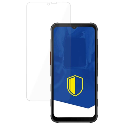 Na zdjęciu widoczny jest telefon z niebieskim ekranem, na którym znajduje się żółta tarcza. Obok telefonu znajduje się przezroczysta osłona ekranu.