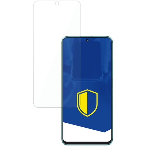 Na zdjęciu znajduje się telefon z niebieskim ekranem, na którym widoczna jest żółta tarcza. Obok telefonu umieszczone jest przezroczyste szkło ochronne.