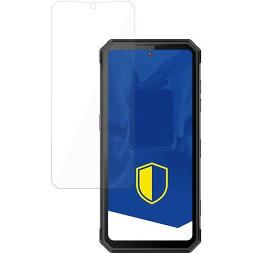 Na zdjęciu znajduje się telefon z nałożonym szkłem ochronnym, obok którego widoczna jest przezroczysta nakładka. Na ekranie telefonu widoczna jest niebieska grafika z żółto-niebieską tarczą.