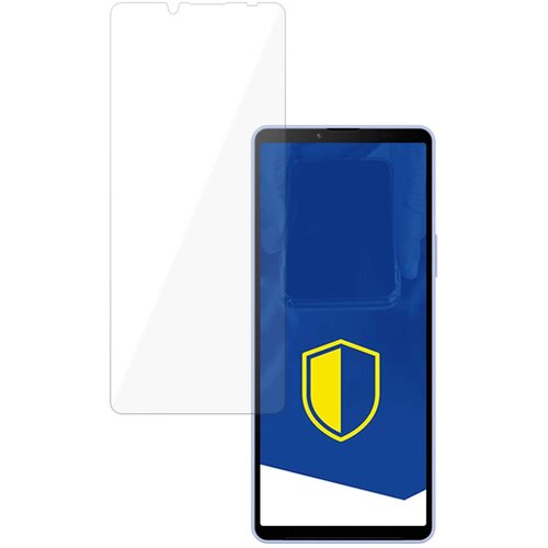 Przezroczyste szkło hartowane jest umieszczone obok smartfona z niebieskim ekranem, na którym widoczna jest żółto-niebieska tarcza. Produkt to "Szkło hartowane 3MK HardGlass do Sony Xperia 1 VI".