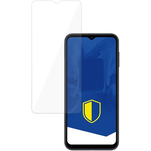 Na zdjęciu widoczny jest telefon z nałożonym szkłem hartowanym, a na ekranie telefonu znajduje się niebieskie tło z żółtą tarczą. Obok telefonu umieszczone jest przezroczyste szkło hartowane.