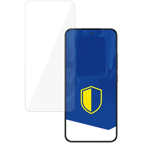 Przezroczyste szkło hartowane jest umieszczone obok smartfona z niebieskim ekranem, na którym widnieje żółto-niebieska tarcza. Produkt to "Szkło hartowane 3MK HardGlass do Xiaomi 14".