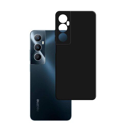 Czarne etui na telefon z trzema wycięciami na aparaty i jednym na lampę błyskową, obok widoczny tył telefonu z trzema obiektywami i napisem "realme".