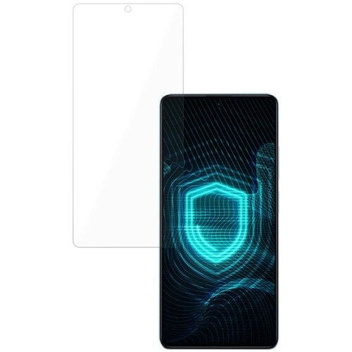 Przedstawione zdjęcie ukazuje przezroczystą folię ochronną na tle smartfona z wyświetlaczem, na którym widoczna jest grafika z niebieskim, świecącym symbolem tarczy otoczonym liniami przypominającymi siatkę. Folia ochronna jest przeznaczona do modelu Xiao