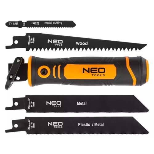 Na zdjęciu znajduje się zestaw uchwytu do brzeszczotu NEO TOOLS 44-650, składający się z uchwytu oraz pięciu brzeszczotów o różnych zastosowaniach, z widocznymi napisami: "metal cutting", "wood", "Metal", "Plastic / Metal". Na uchwycie widnieje logo "NEO 