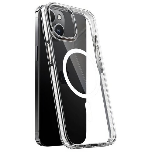Przezroczyste etui na telefon z widocznym okrągłym wzorem na tylnej części, zaprojektowane do modelu Apple iPhone 15. Etui ma wycięcia na przyciski i aparat, a jego krawędzie są lekko zaokrąglone.