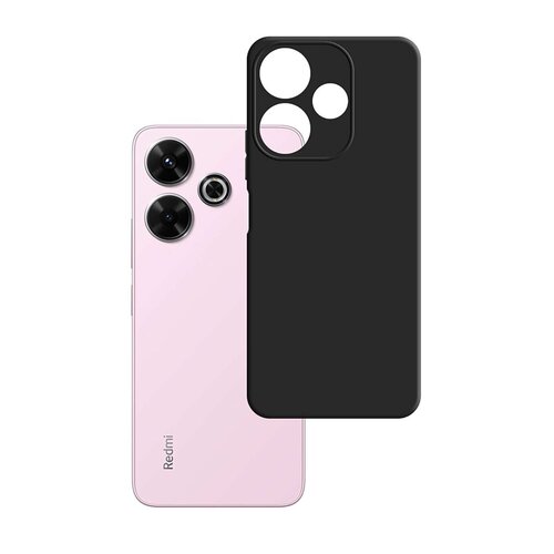Na zdjęciu widoczny jest różowy smartfon z trzema aparatami oraz czarne etui z wycięciami na obiektywy. Na obudowie telefonu znajduje się napis "Redmi".