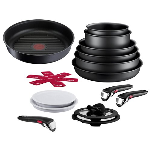 Zestaw patelni TEFAL Ingenio Eco Resist (13 elementów) + Patelnia grillowa TEFAL Ingenio Unlimited L8584074 26 cm + Rączka uniwersalna TEFAL Ingenio L9863153