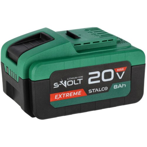 Zielono-czarny akumulator z widocznymi napisami: "LITHIUM-ION S-VOLT 20V MAX EXTREME STALCO 8Ah". Produkt ma kompaktowy kształt z uchwytem na górze.