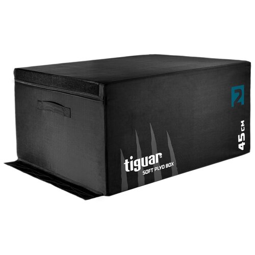 Czarna skrzynia plyometryczna z widocznym uchwytem, na której znajduje się biały napis "tiguar SOFT PLYO BOX" oraz oznaczenie wysokości "45 CM". Na boku widoczne jest niebieskie logo.