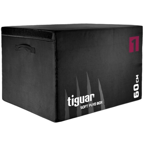 Czarna skrzynia plyometryczna z widocznym białym napisem "tiguar SOFT PLYO BOX" oraz oznaczeniem wysokości "60 CM". Na górnej części znajduje się uchwyt, a na boku widoczna jest liczba "1" w czerwonym kwadracie.