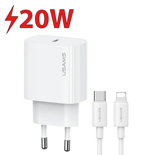 Biała ładowarka sieciowa z logo "USAMS" oraz kablem USB-C do Lightning, obok widoczny jest czerwony napis "20W" z symbolem błyskawicy.