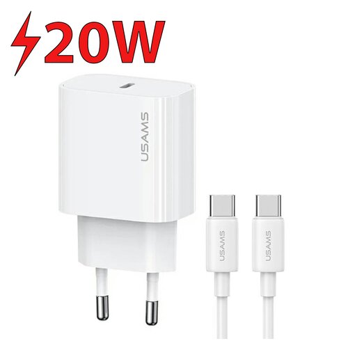 Biała ładowarka sieciowa z logo "USAMS" oraz dwoma wtyczkami USB-C, obok której znajduje się kabel USB-C do USB-C. W górnym rogu widoczny jest czerwony napis "20W" z symbolem błyskawicy.