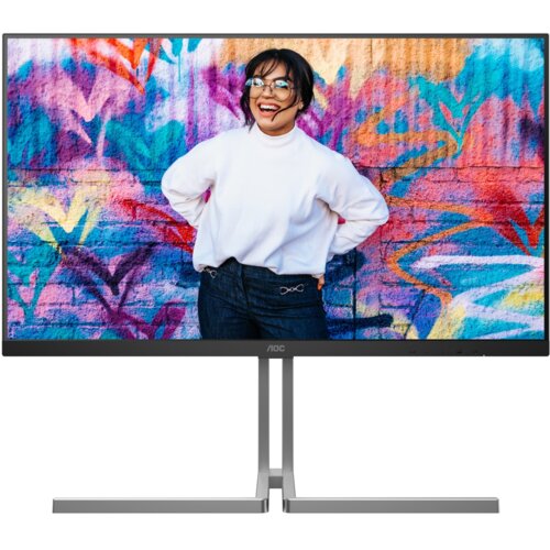 Monitor AOC wyświetla kolorowy mural z abstrakcyjnymi wzorami i intensywnymi barwami. Na dolnej ramce monitora widoczne jest logo "AOC".