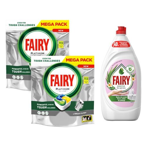 Kapsułki do zmywarki FAIRY Platinum All in One Lemon - 226 szt. + Płyn do mycia naczyń FAIRY Aloe i Pink 1350 ml