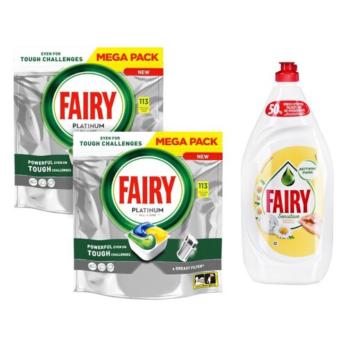 Kapsułki do zmywarki FAIRY Platinum All in One Lemon - 226 szt. + Płyn do mycia naczyń FAIRY Sensitive Rumianek z witaminą E 1350 ml