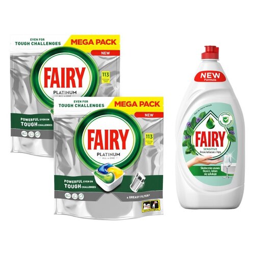 Kapsułki do zmywarki FAIRY Platinum All in One Lemon - 226 szt. + Płyn do mycia naczyń FAIRY Sensitive Drzewo herbaciane z miętą 1350 ml