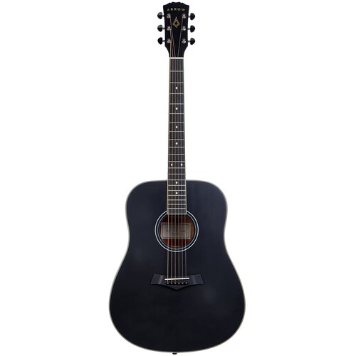 Czarna gitara akustyczna z sześcioma strunami, posiadająca okrągły otwór rezonansowy z delikatnym obramowaniem. Na główce instrumentu widoczne jest logo "ARROW".